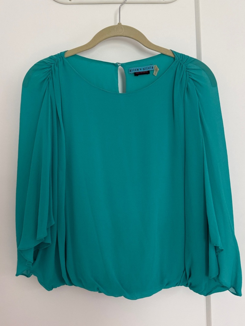 Alice + Olivia Teal Pleated Shoulder Blouson Top